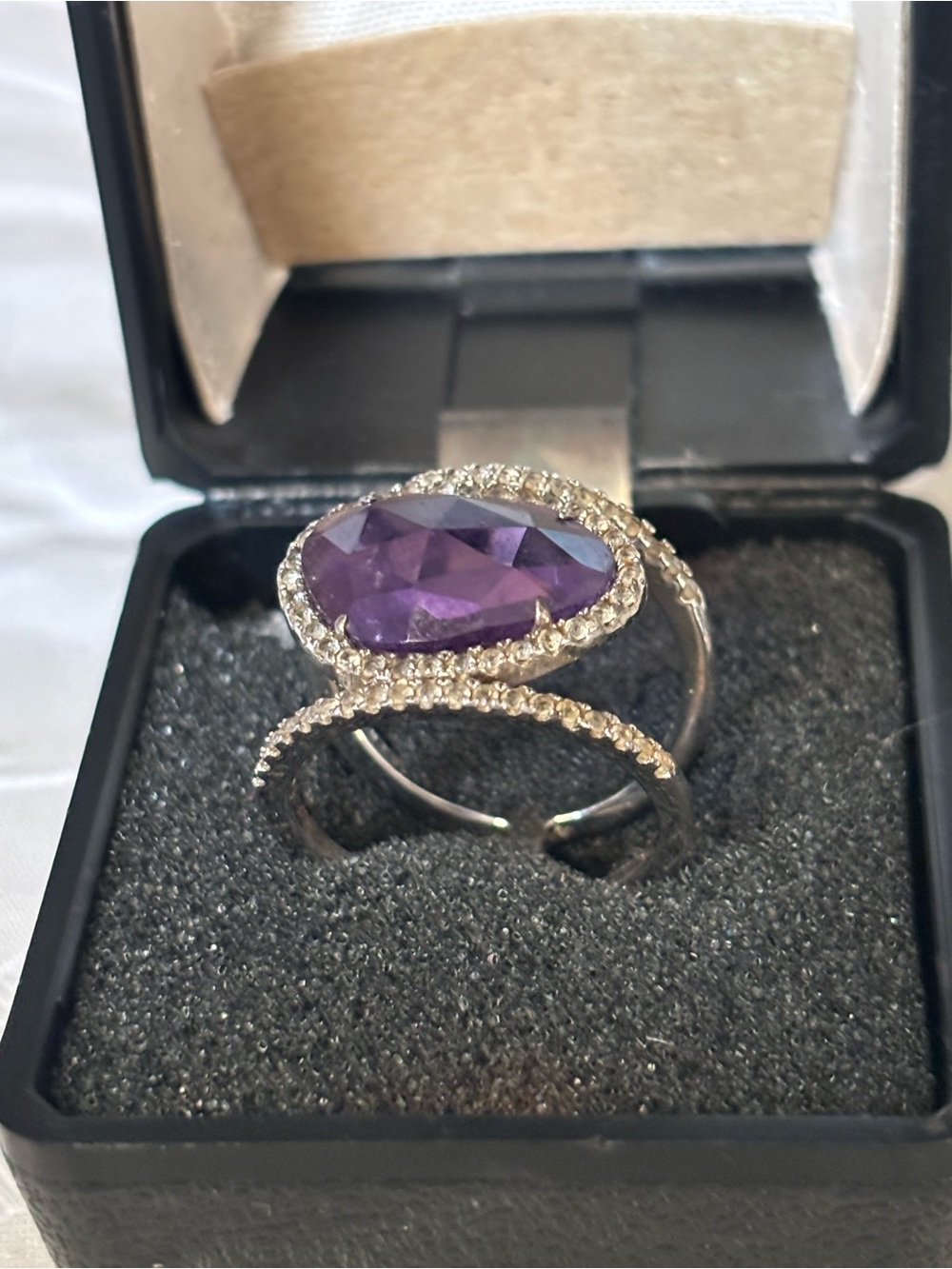 925 Sterling Silver JCM Pear Shape Purple Amethyst Halo Ring Size 8.5